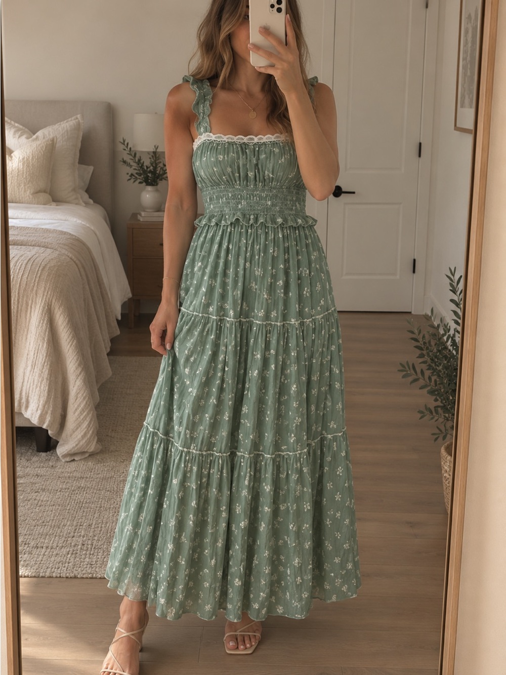 Trixxi Sage Green Floral Smocked Maxi Dress